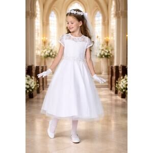NEW Girls First Holy Communion Dress Size 8 - Lace Bodice Tulle Skirt Tea-length